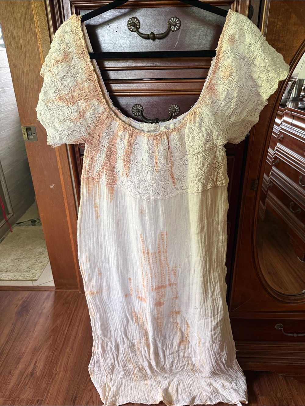Jen’s Pirate Booty Boho Lace Peasant Maxi Dress in Cream with Peach Accents